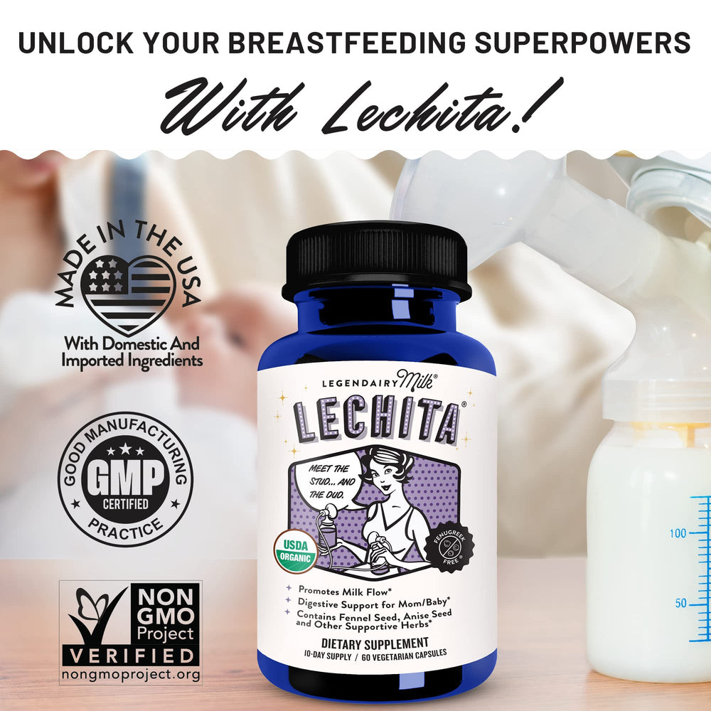 Legendairy Milk Lechita packaging box highlights organic, fenugreek-free formula.