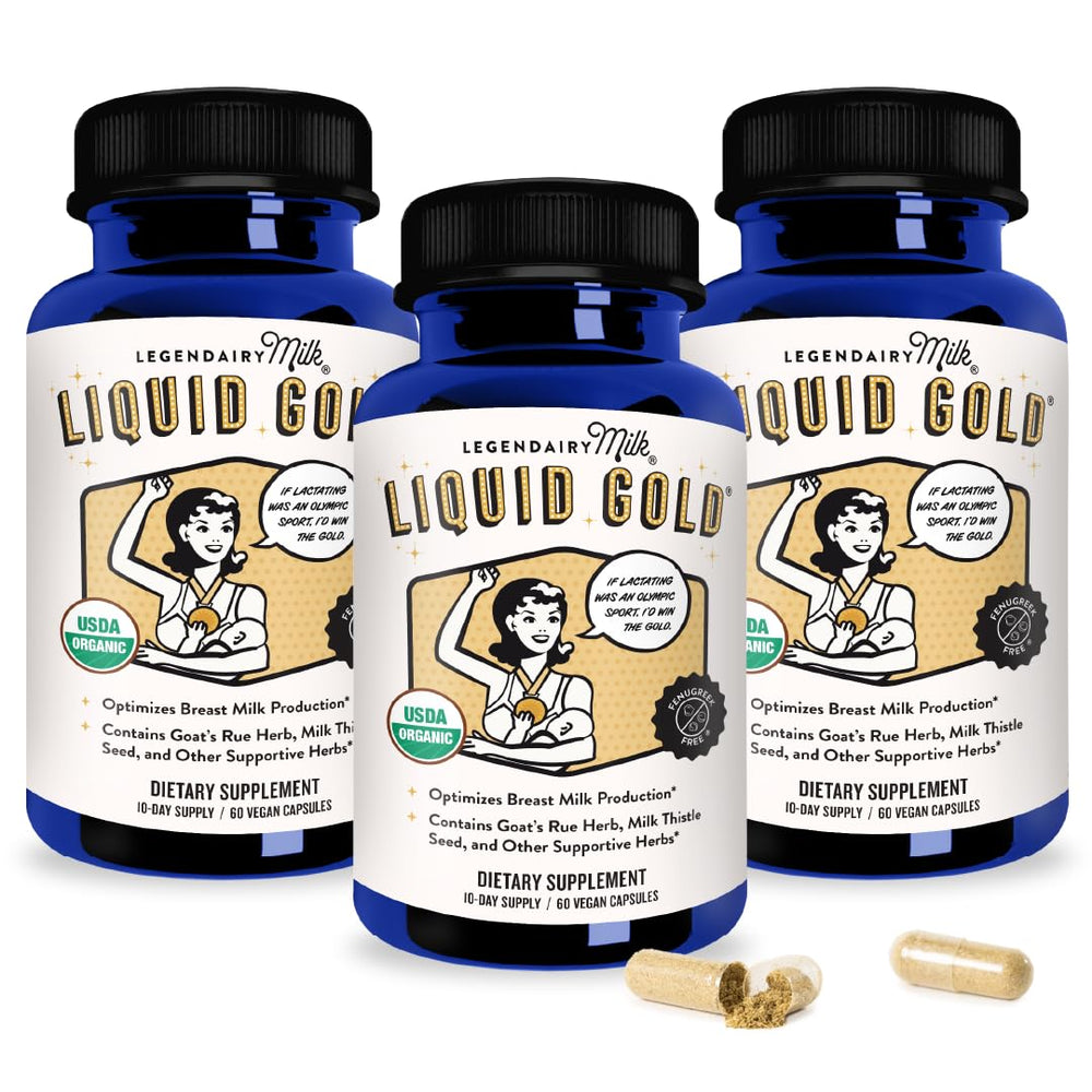 Legendairy Milk Liquid Gold bottle on the counter for lactation support.