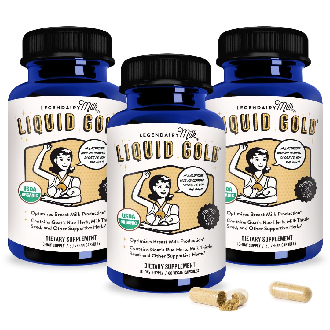 Legendairy Milk Liquid Gold bottle on the counter for lactation support.