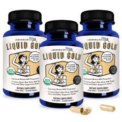 Legendairy Milk Liquid Gold bottle on the counter for lactation support.
