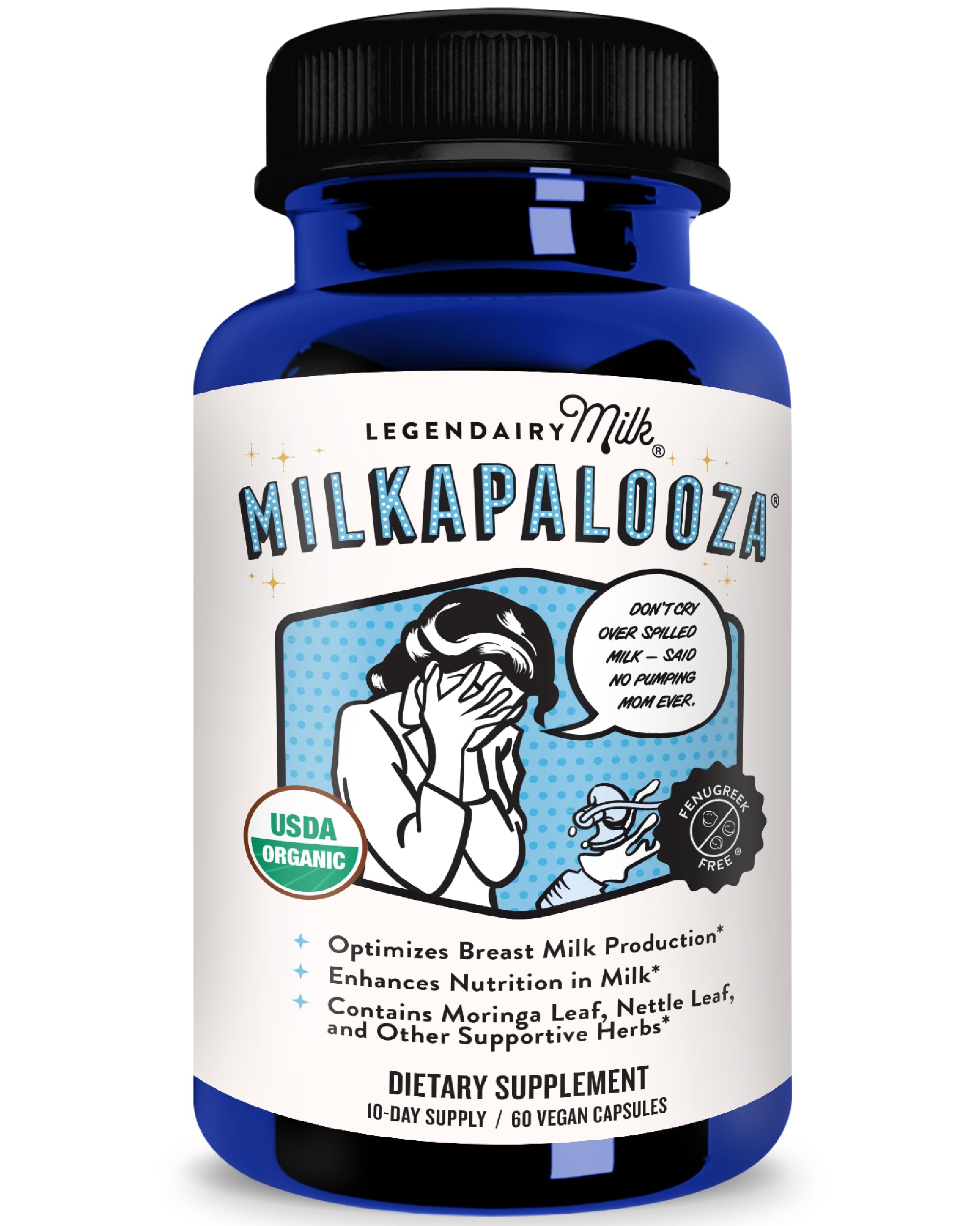 Legendairy Milk Milkapalooza bottle front with organic herbs for breastfeeding support.