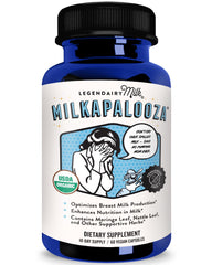 Legendairy Milk Milkapalooza bottle front with organic herbs for breastfeeding support.