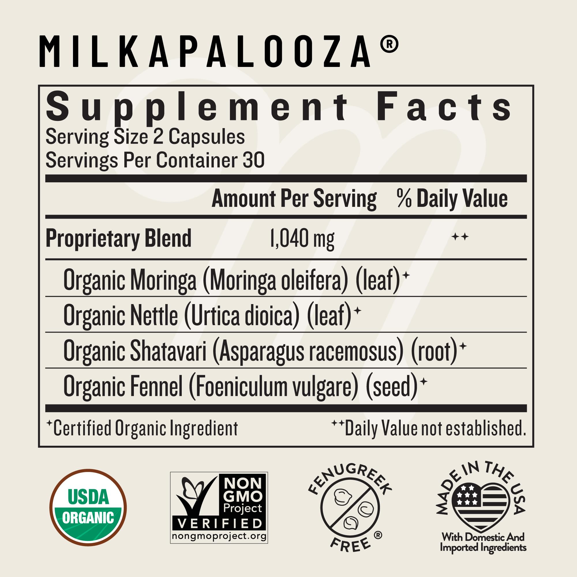 Milkapalooza packaging close-up highlighting vegan, kosher, halal certifications.