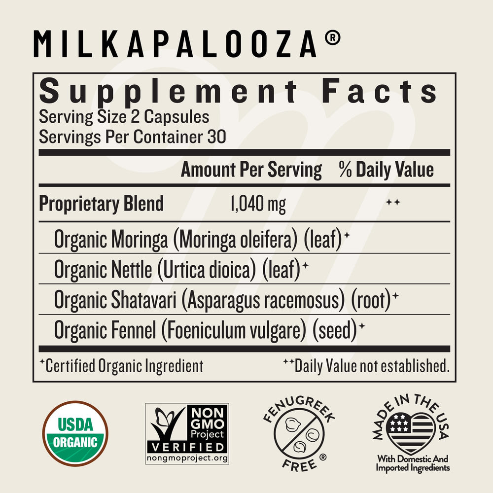 Milkapalooza packaging close-up highlighting vegan, kosher, halal certifications.