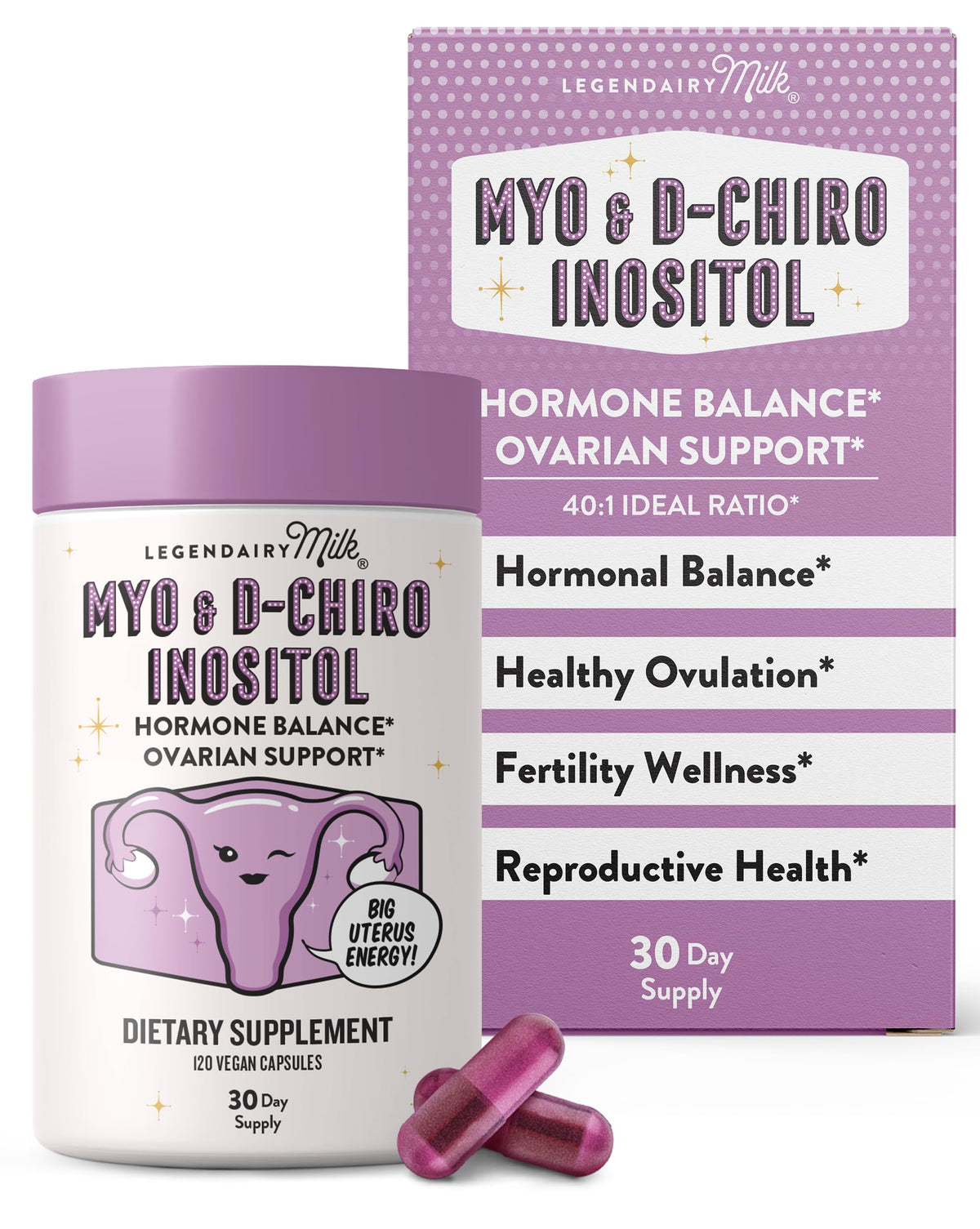 Legendairy Milk bottle front shows the inositol formula for daily hormone balance.