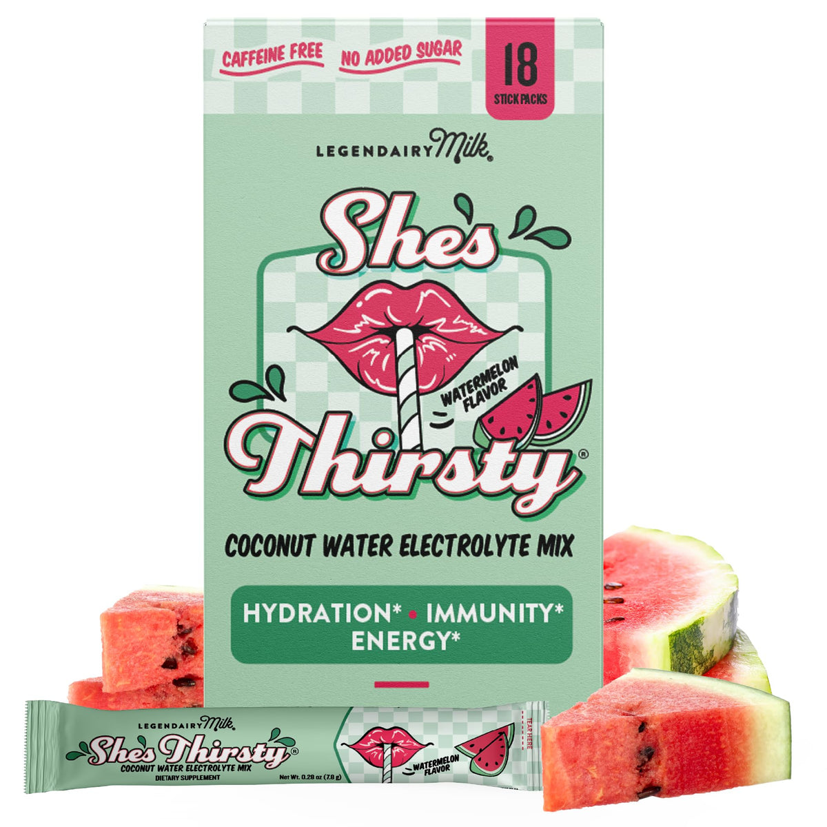 Legendairy Milk She's Thirsty watermelon stick packet for quick hydration.