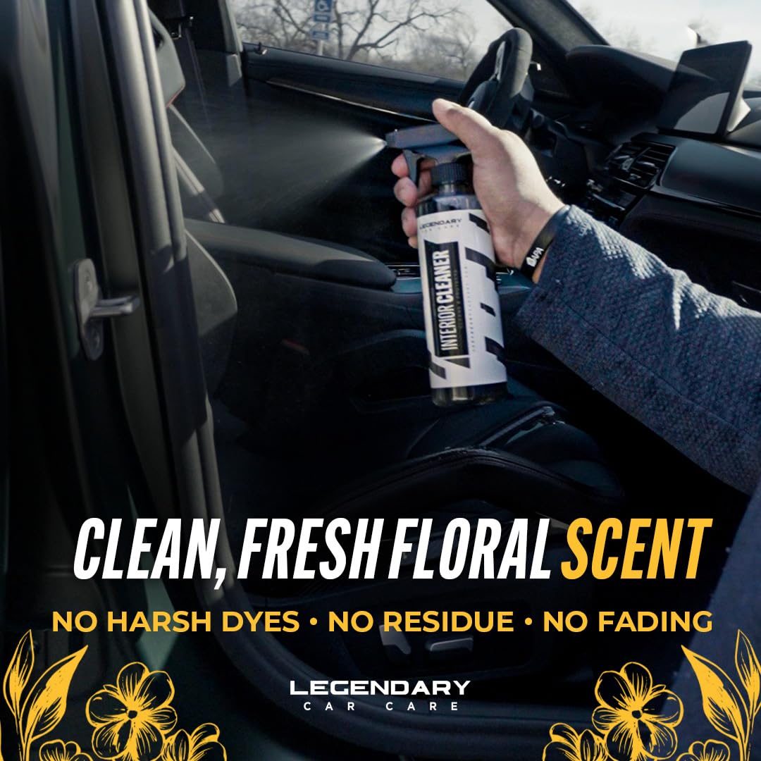 Legendary Car Care interior cleaner stain removal close-up, tackles food and oil marks.