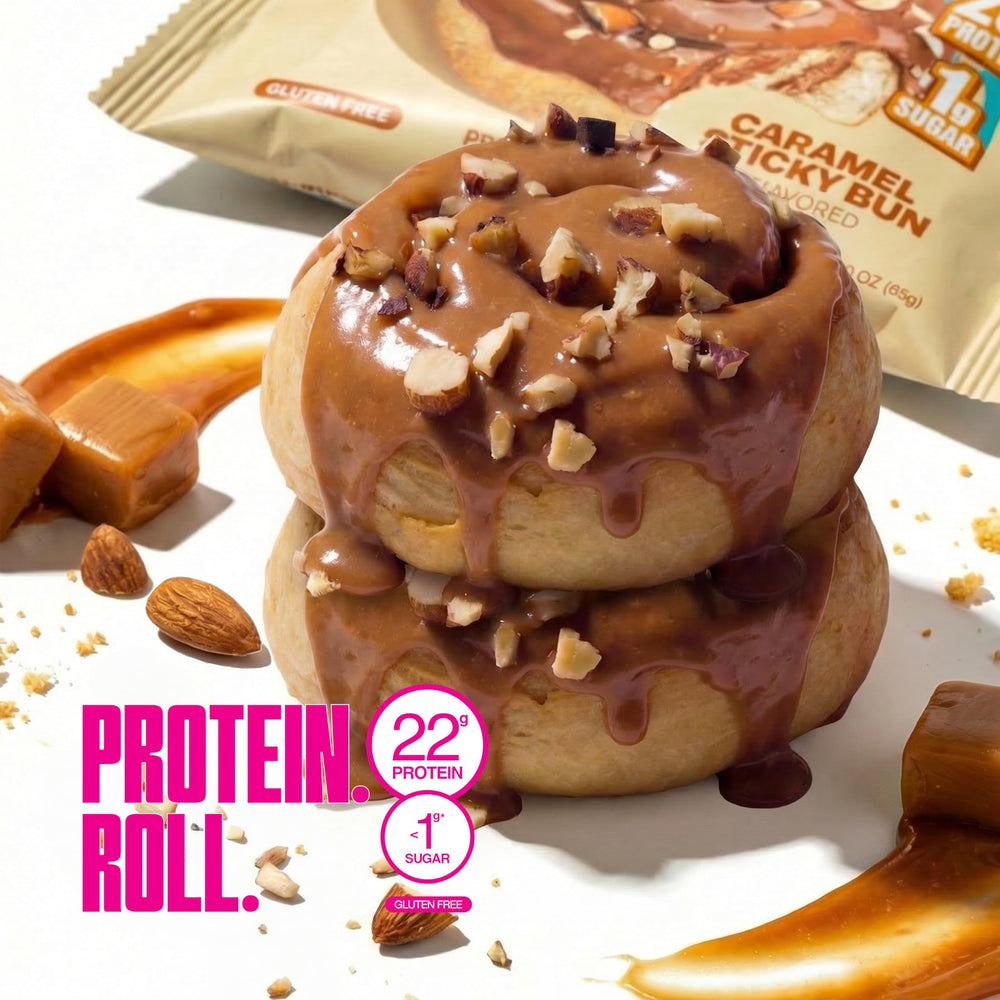 Legendary Foods Cinnamon Roll bar cross-section showing protein-rich interior.