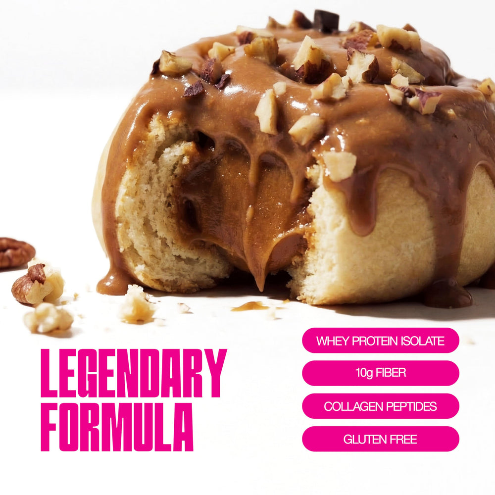 Legendary Foods Cinnamon Roll bar on a plate, ready to enjoy.