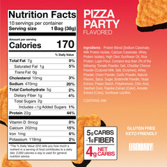 Legendary Foods Pizza Party Protein Chips back displays nutrition with 22g protein and 4g net carbs.