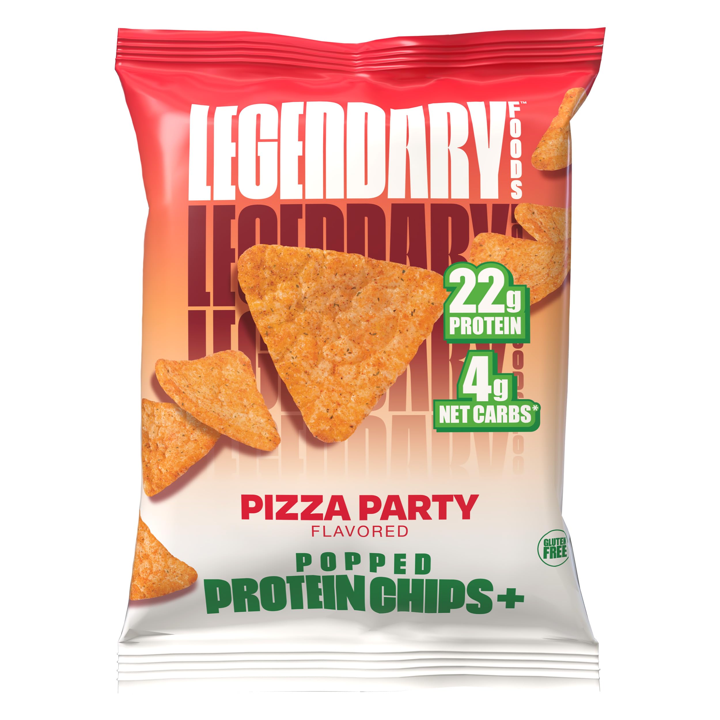 Legendary Foods Pizza Party Protein Chips gym bag scene suggests convenient protein during workouts.