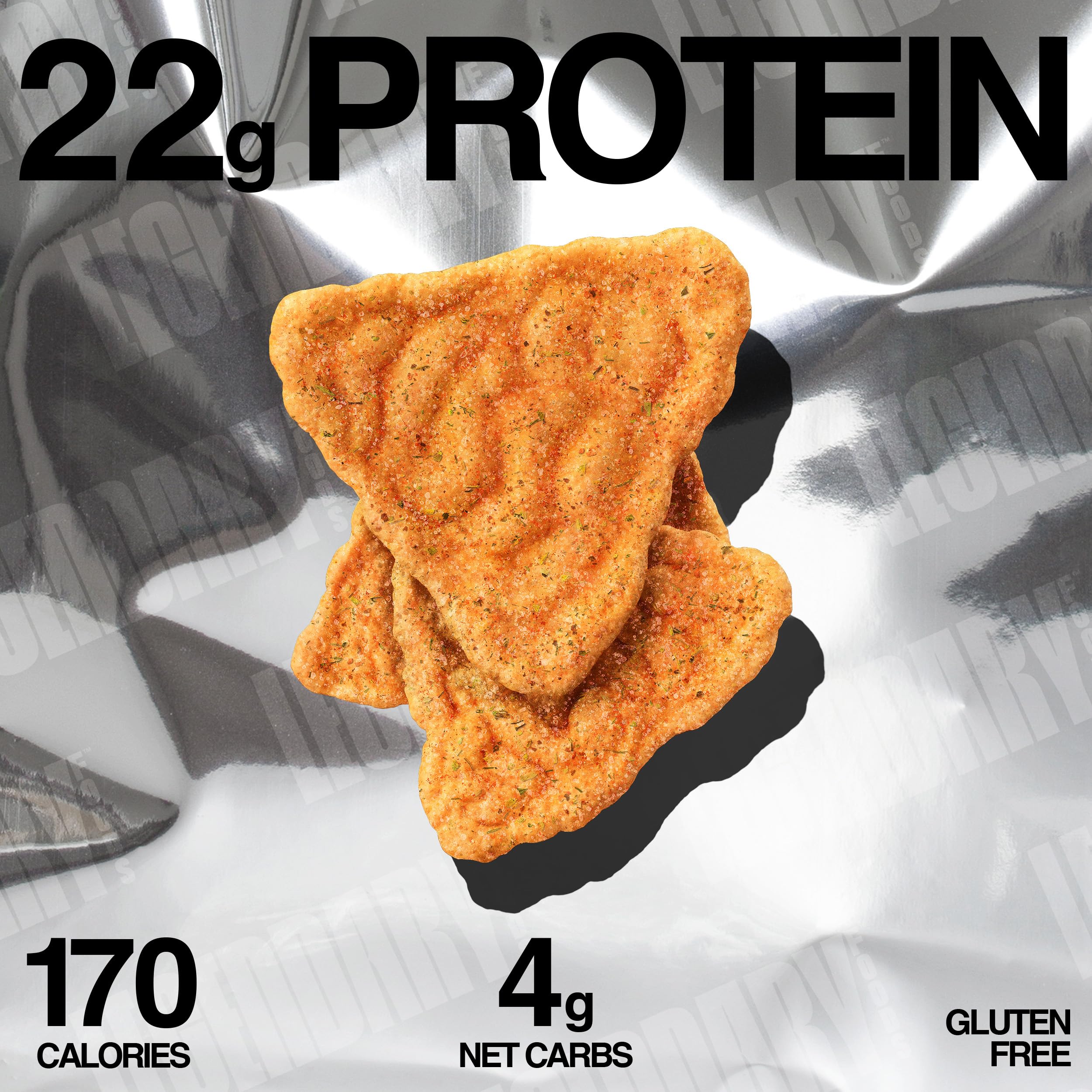 Legendary Foods Pizza Party Protein Chips nutrition panel highlights gluten-free ingredients and keto-friendly options.