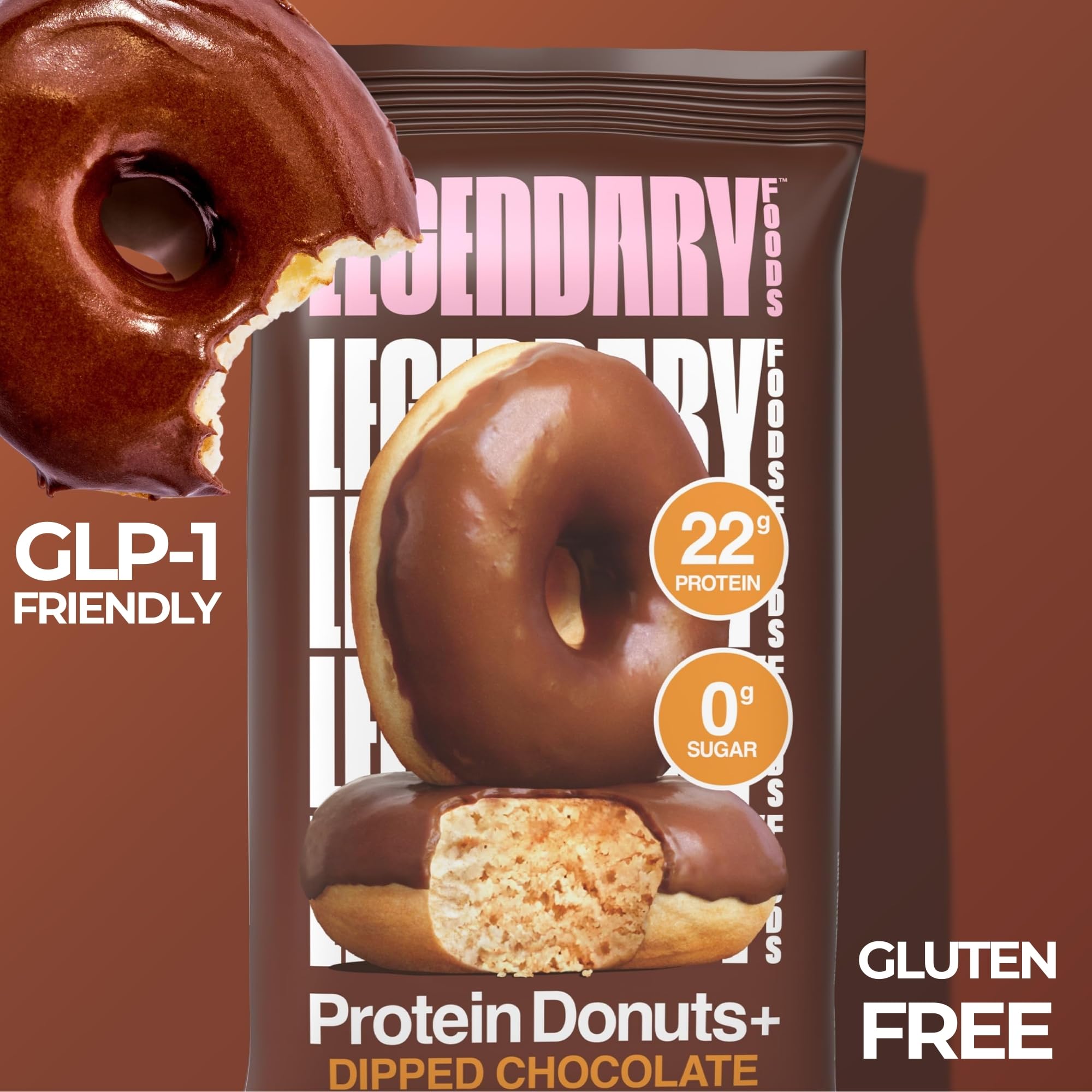 Legendary Foods chocolate glaze close-up on soft donut texture