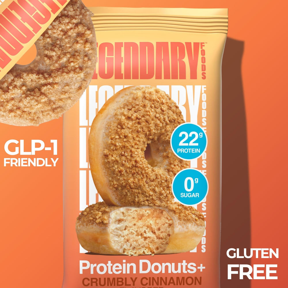 Legendary Foods Protein Donuts on plate with coffee illustrates complementary morning snack.