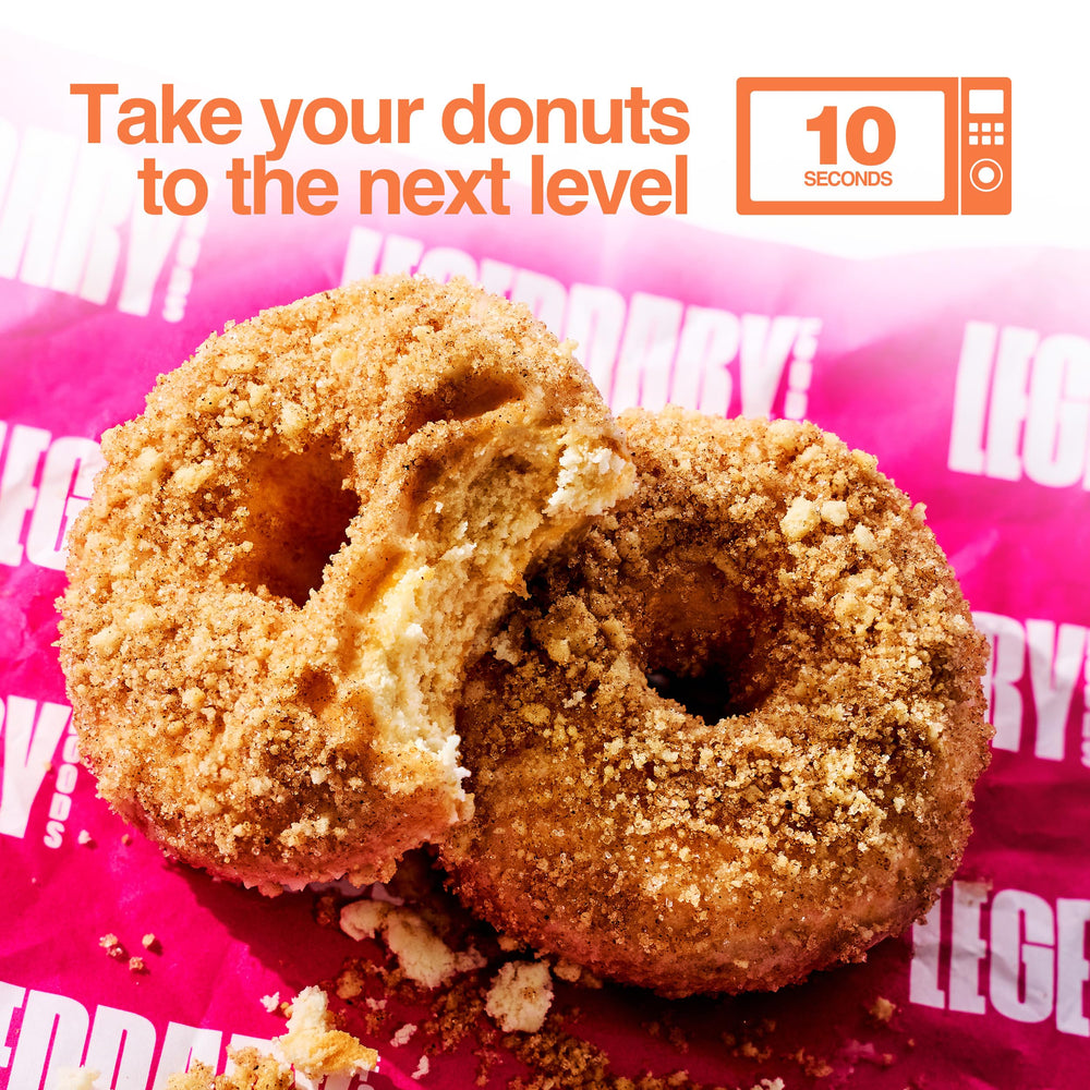 Legendary Foods Protein Donuts warm microwaved glaze evokes bakery-style indulgence.