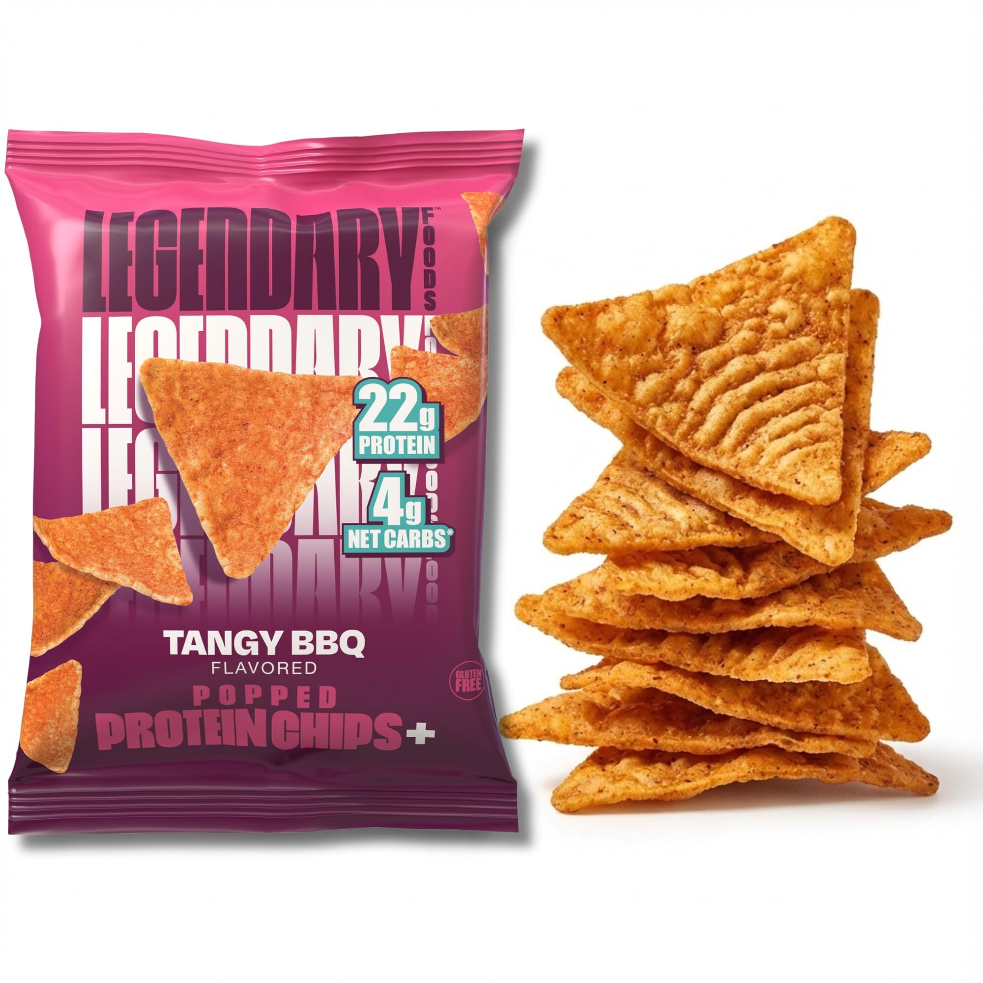 Legendary Foods Tangy BBQ Protein Chips bag front, a high-protein snack for workouts.