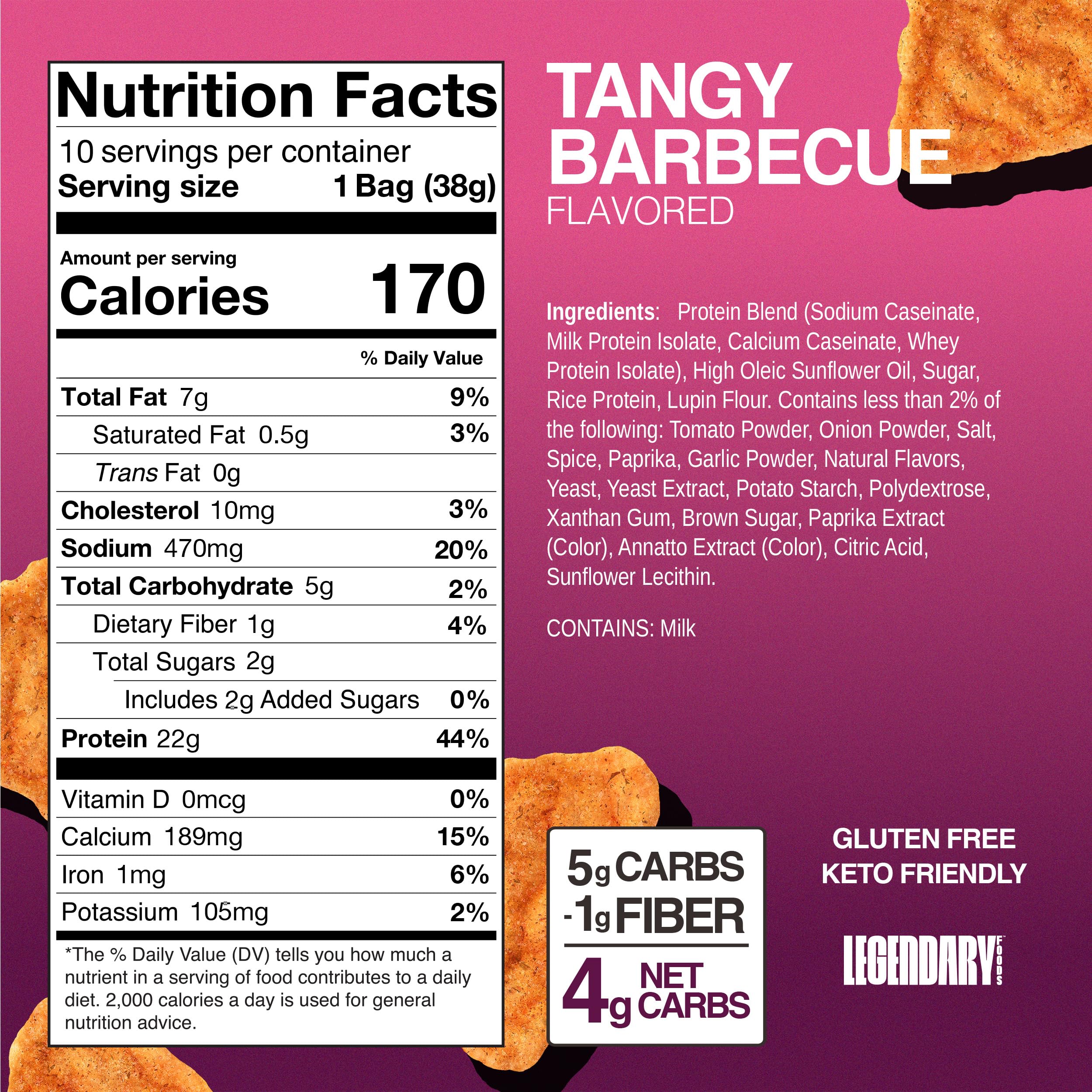 Legendary Foods Tangy BBQ Protein Chips crisp close-up, ready for low-carb crunch.