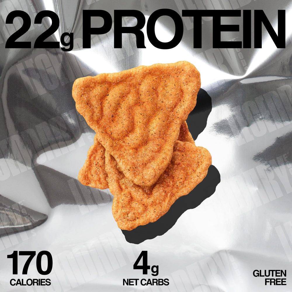 Legendary Foods Tangy BBQ Protein Chips in gym bag for on-the-go fueling.