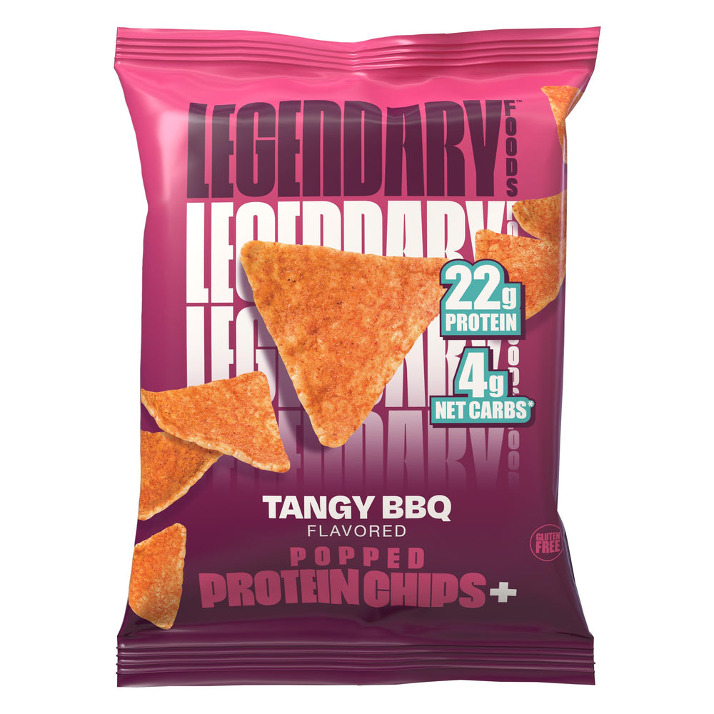 Legendary Foods Tangy BBQ Protein Chips nutrition panel highlights 22g protein per bag.