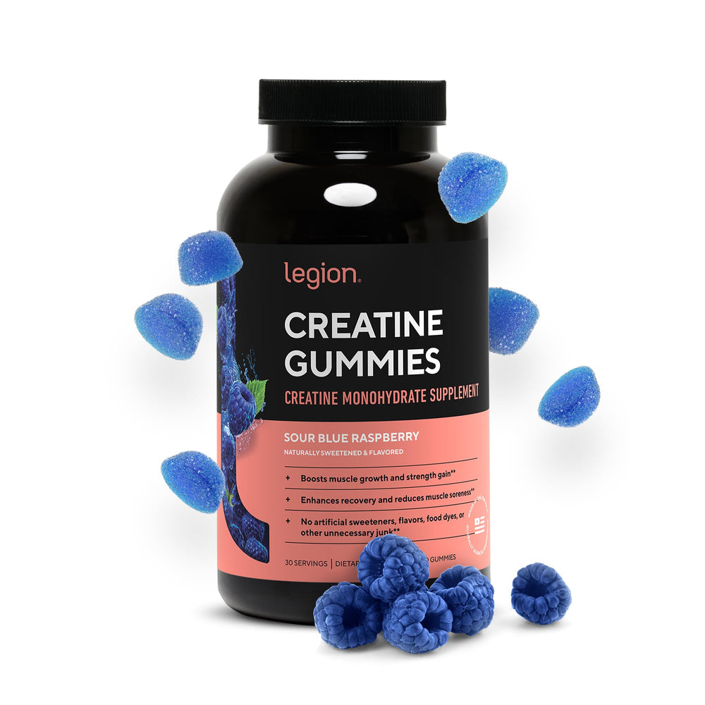 LEGION Creatine Monohydrate Gummies bottle on table for convenient daily intake