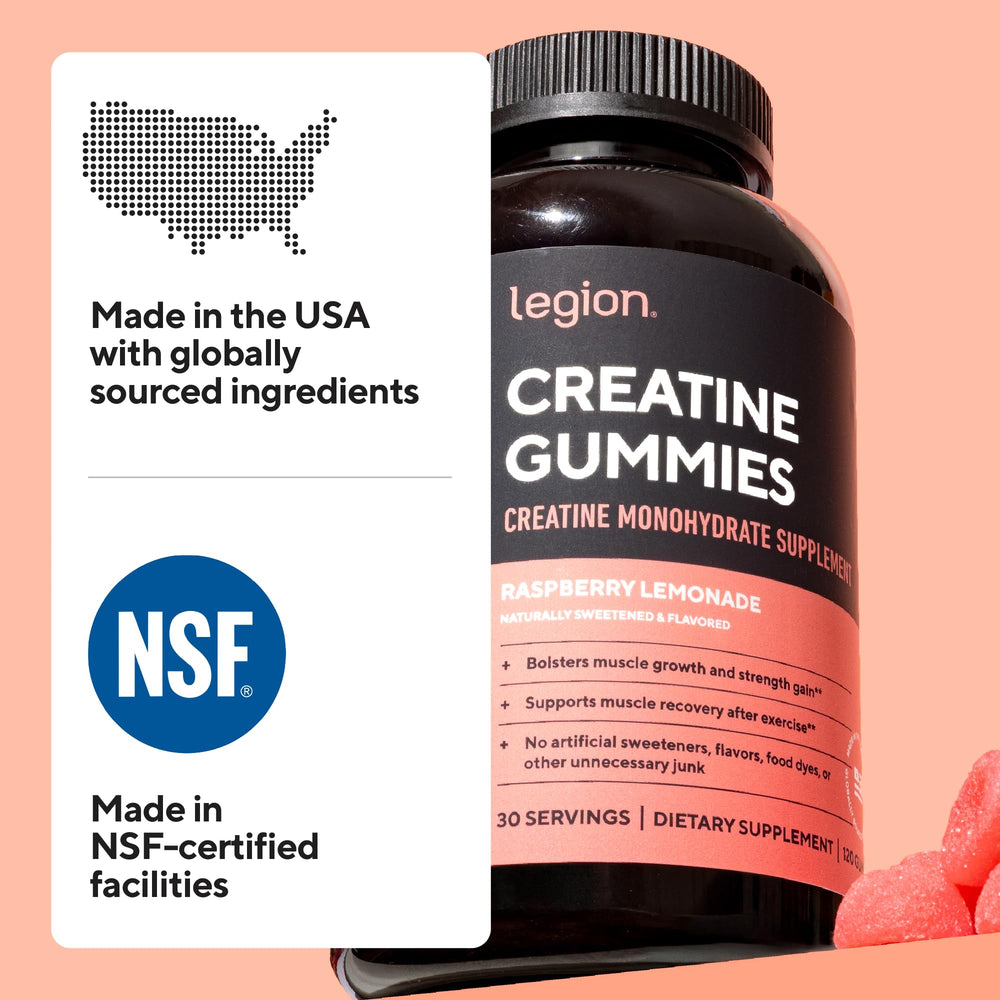 Retail packaging of LEGION Creatine Monohydrate Gummies emphasizes clean formula
