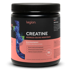 LEGION micronized creatine monohydrate blue raspberry tub for easy, effective daily fueling.
