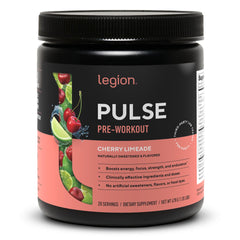 LEGION Pulse preworkout cherry limeade tub shows clean ingredients for transparent dosing