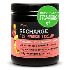 LEGION Recharge Strawberry Lemonade tub—clear label and clean ingredients for post-workout support.