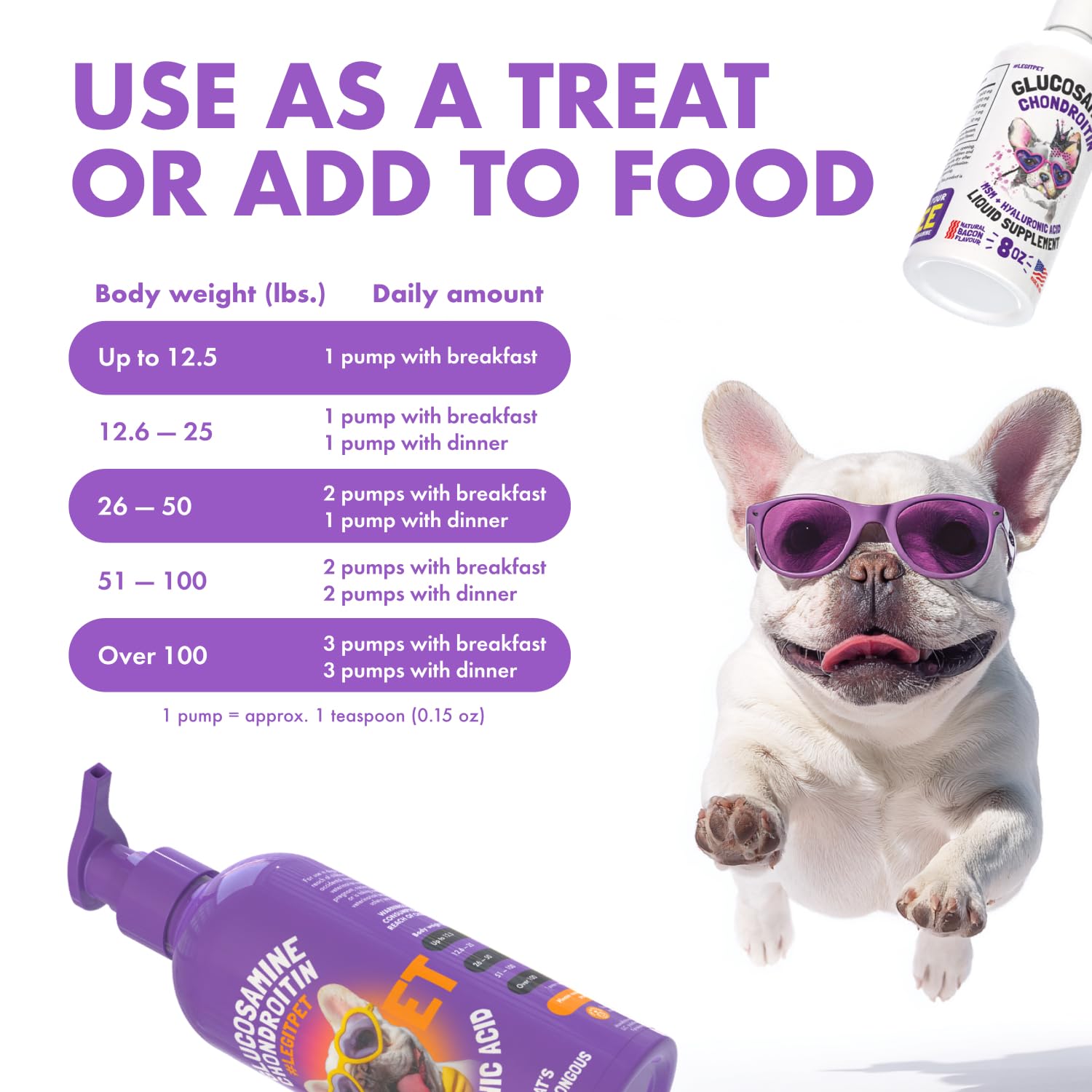 LEGITPET bacon-flavored liquid blends easily with dog meals.