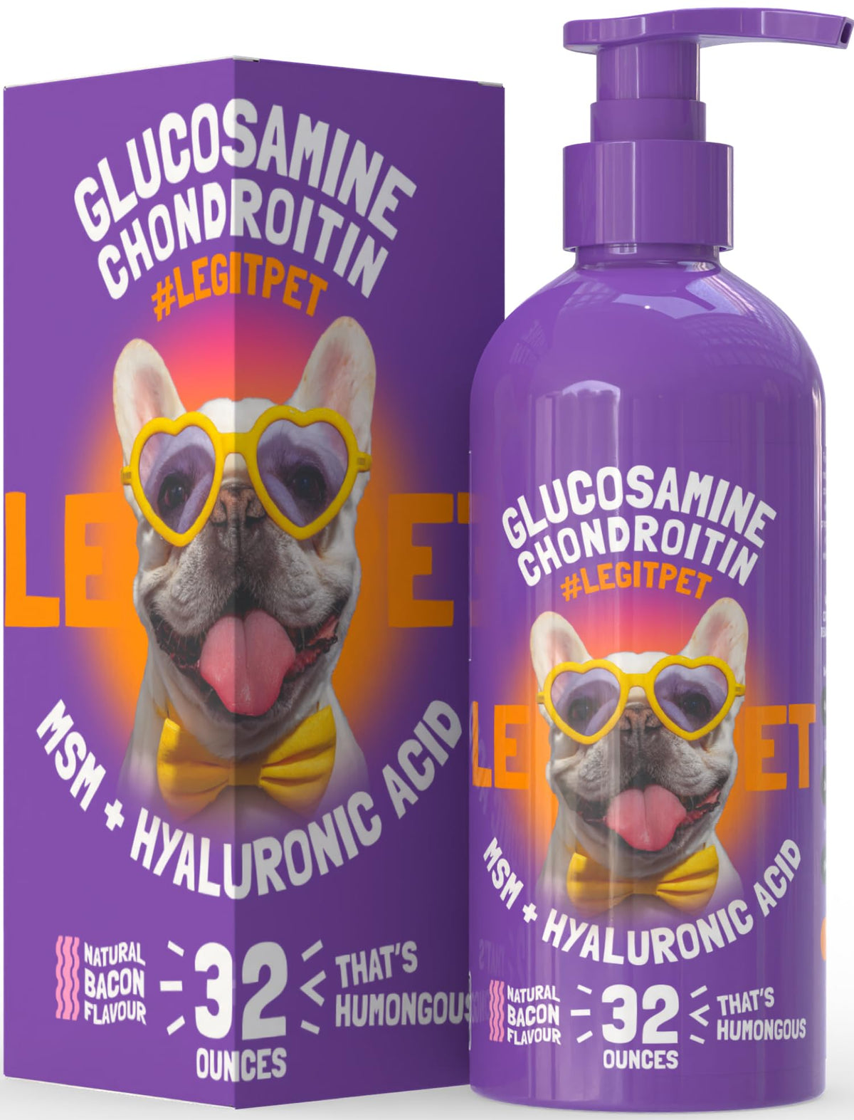 LEGITPET bacon-flavored liquid glucosamine bottle pour supports easy daily dosing for dogs.