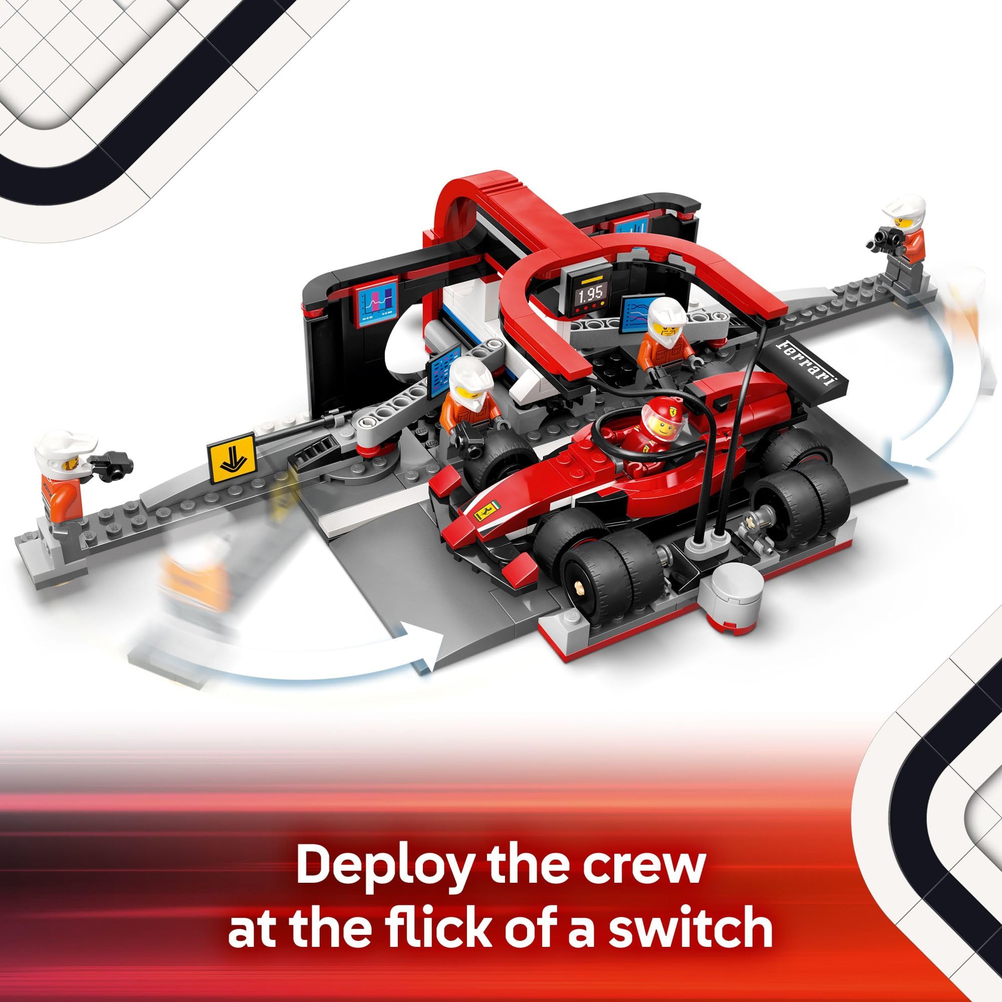 LEGO City F1 Ferrari car toy for authentic pit-stop action.