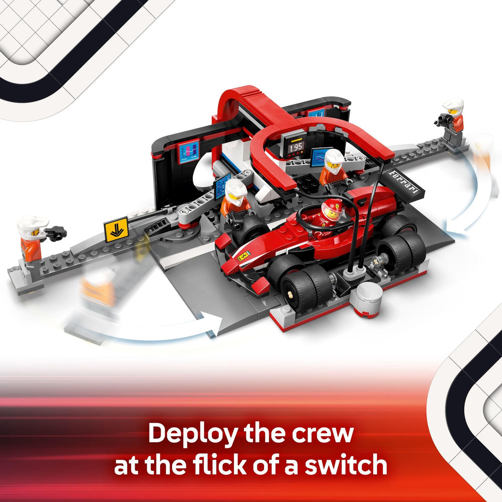 LEGO City F1 Ferrari car toy for authentic pit-stop action.