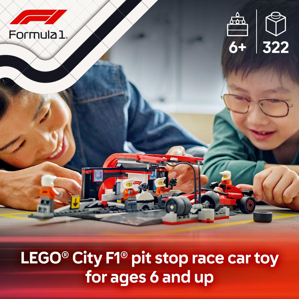 LEGO City F1 pit crew minifigs ready for tire changes.