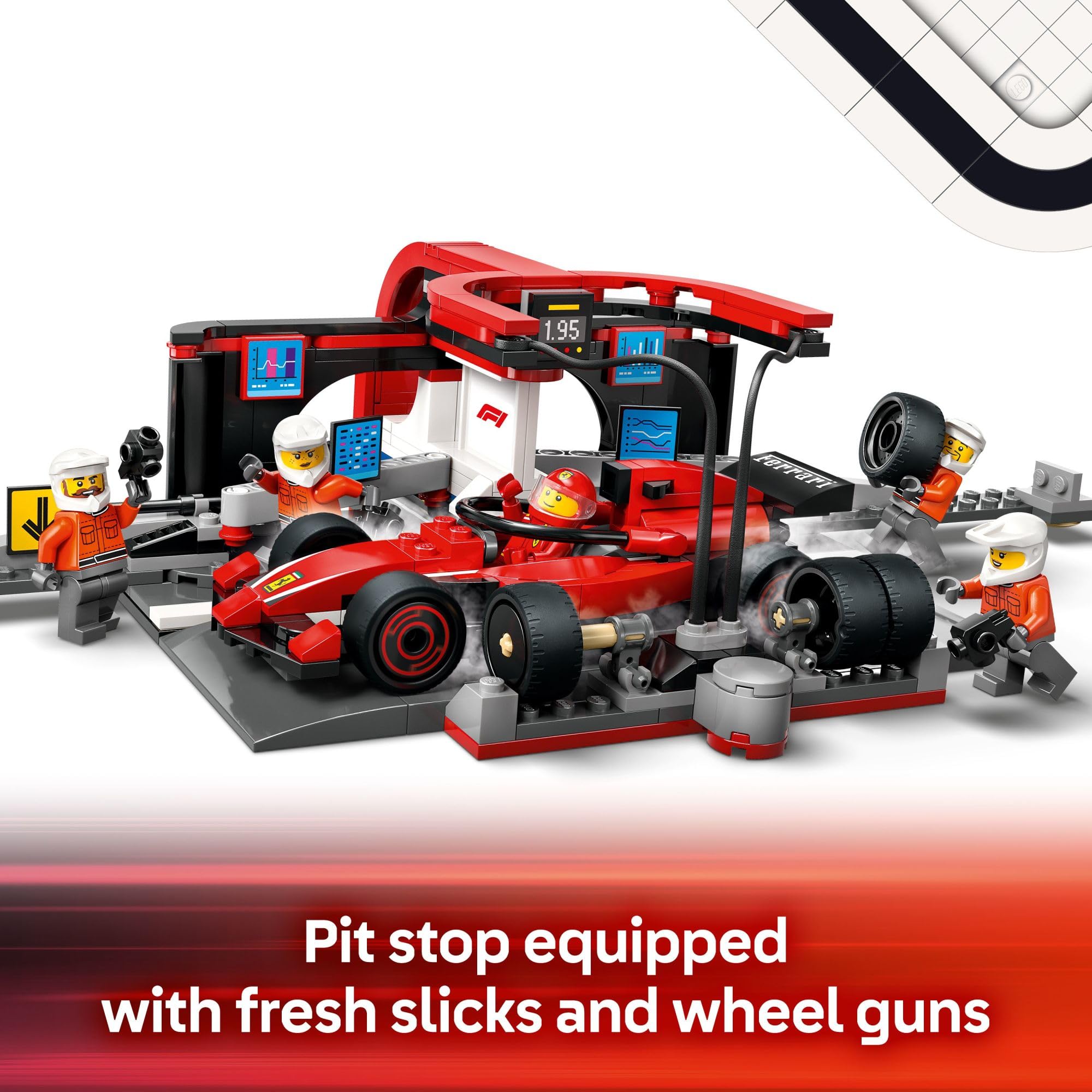 LEGO City F1 tire-change tools and slicks for realistic details.