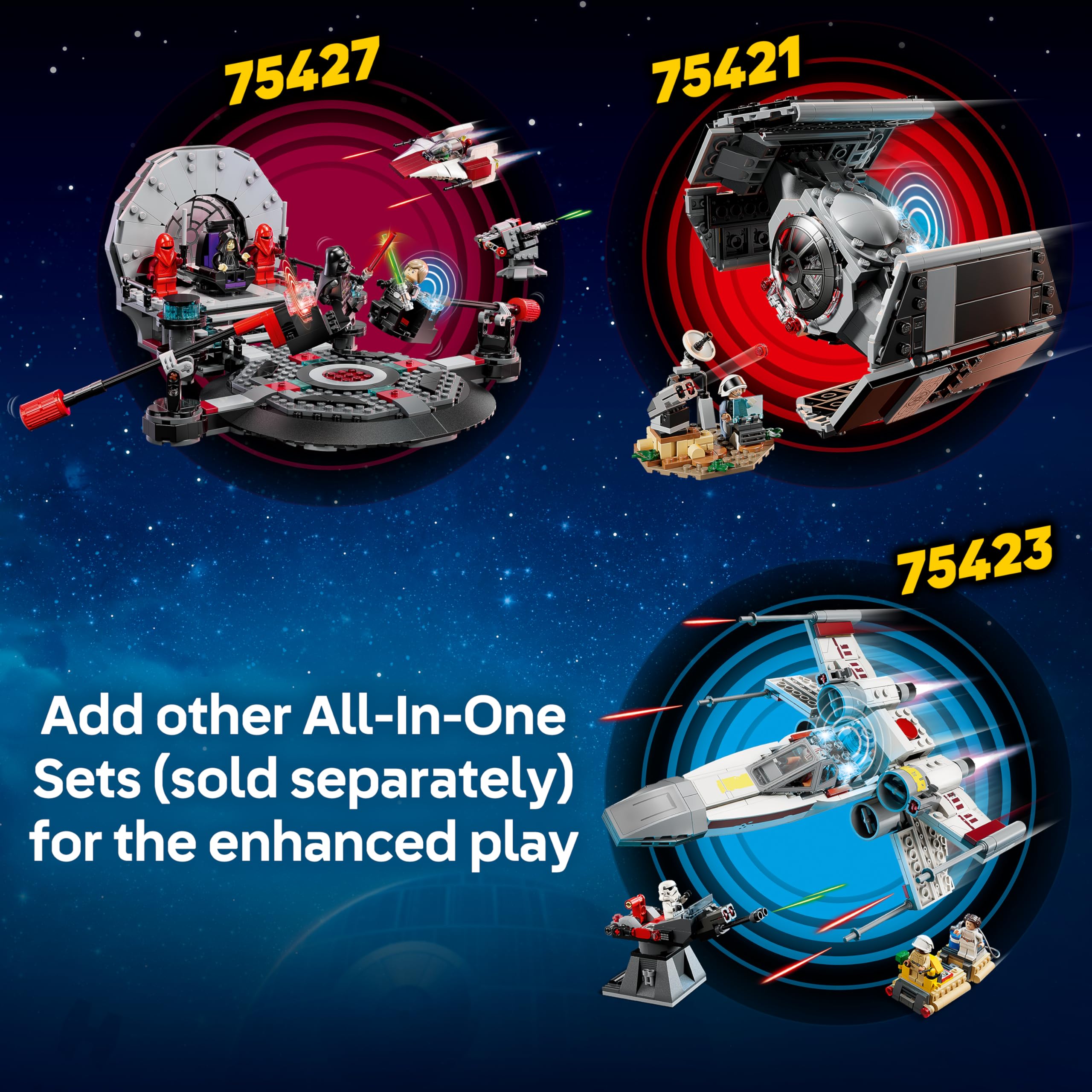 LEGO Star Wars X-Wing lights and sounds enhancing space battle roleplay.