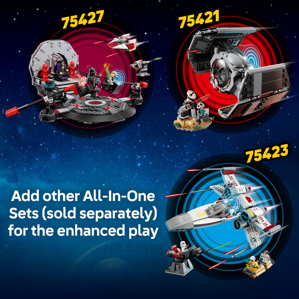 LEGO Star Wars X-Wing lights and sounds enhancing space battle roleplay.
