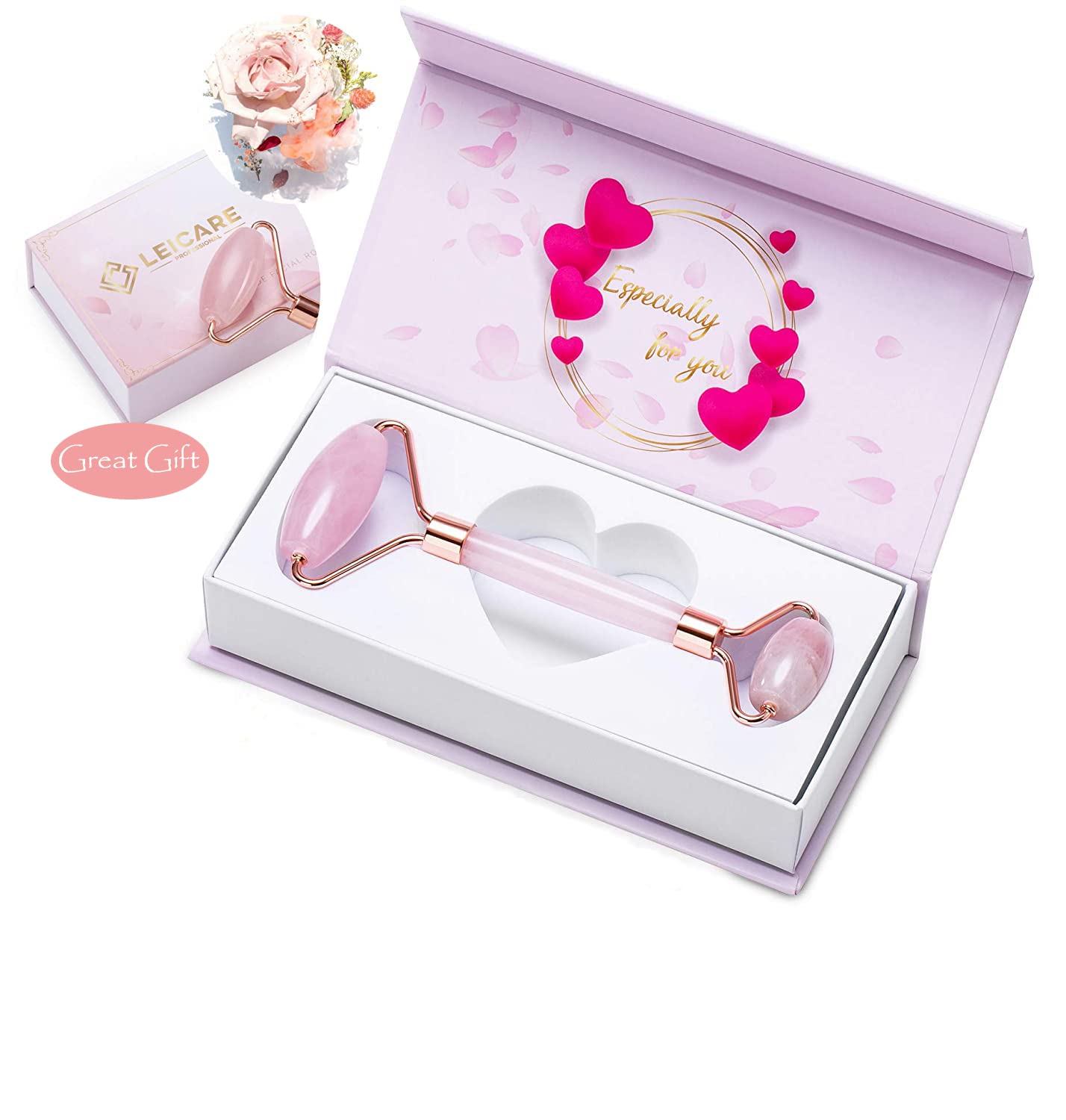 LeiCare rose quartz face massager delivers cooling, calming sensation across cheeks.