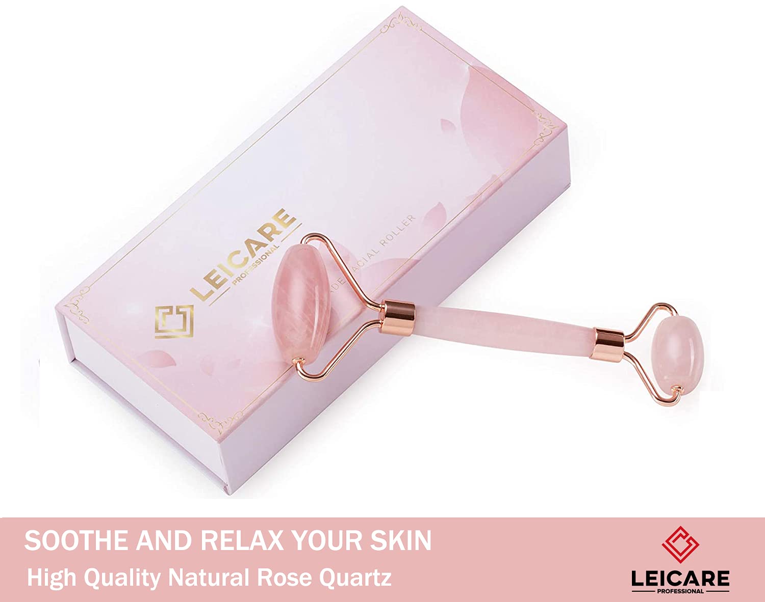 LeiCare under-eye rose quartz roller helps reduce puffiness and brighten under eyes.