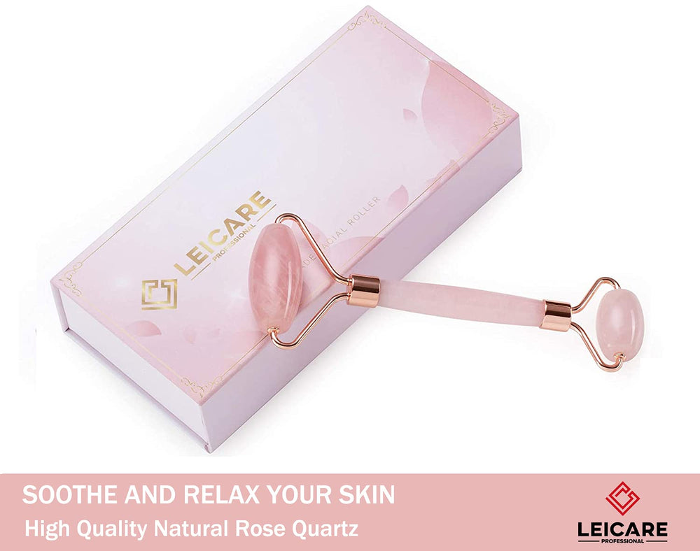 LeiCare under-eye rose quartz roller helps reduce puffiness and brighten under eyes.