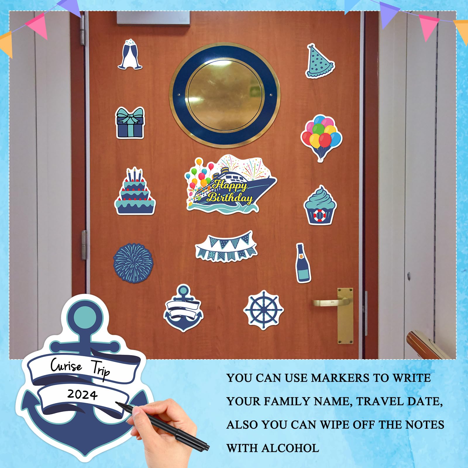 LEIFIDE birthday cake and balloons magnets create playful moments aboard.