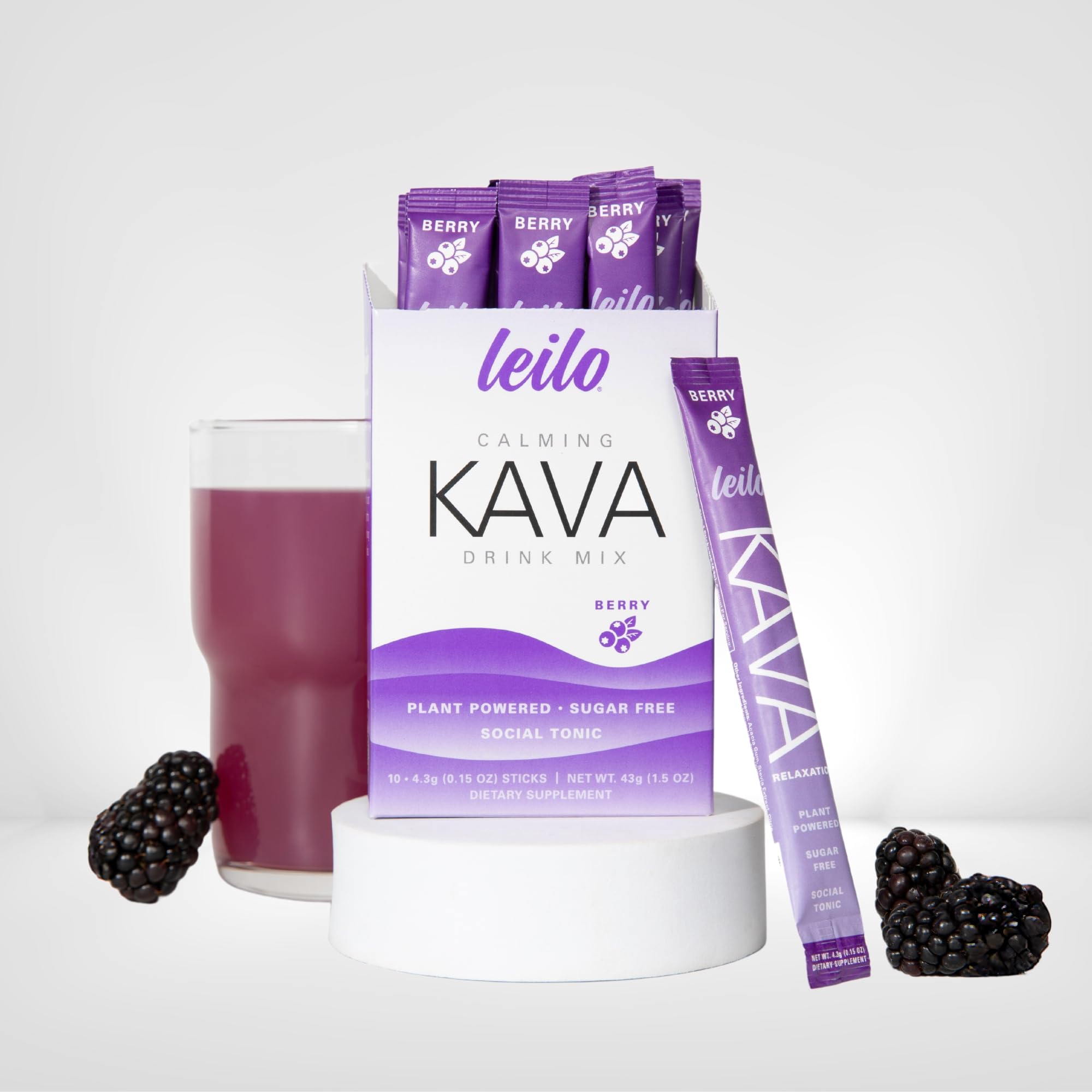 Leilo Calming Kava Berry stick pack tucked in a bag for travel-ready calm