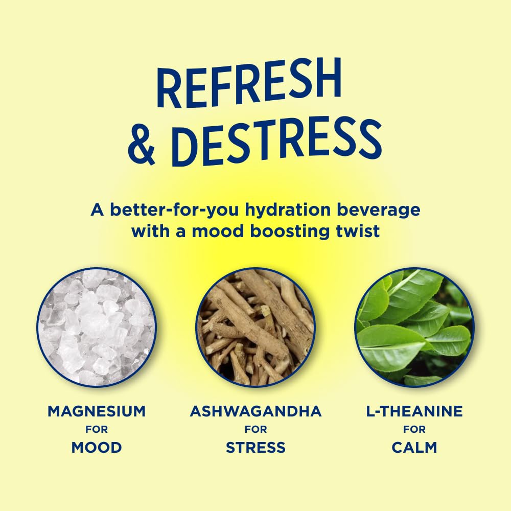 Leisure Hydration ashwagandha and L-theanine bottle promoting calm focus.