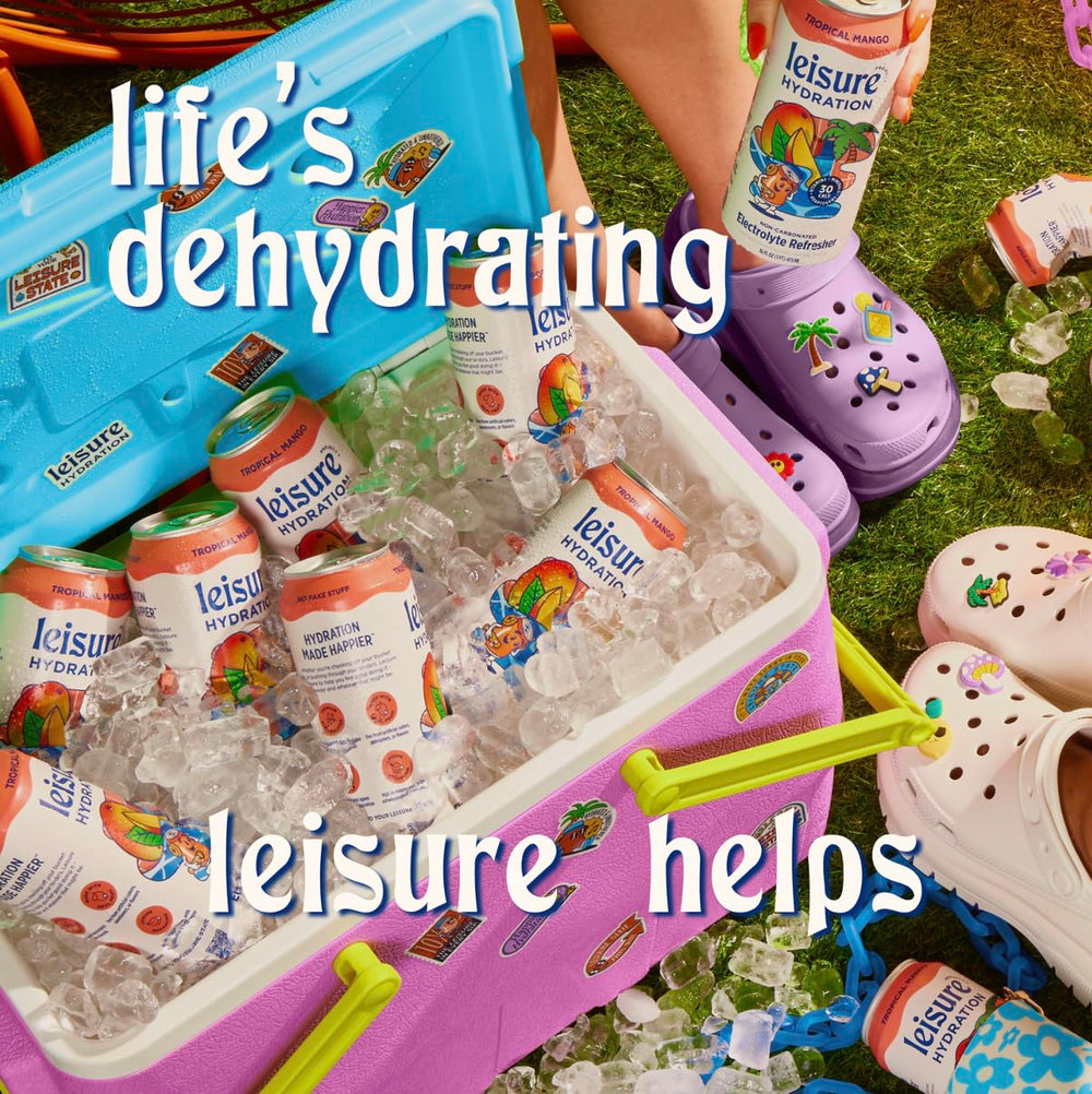 Leisure Hydration Tropical Mango chilled can in fridge lifestyle