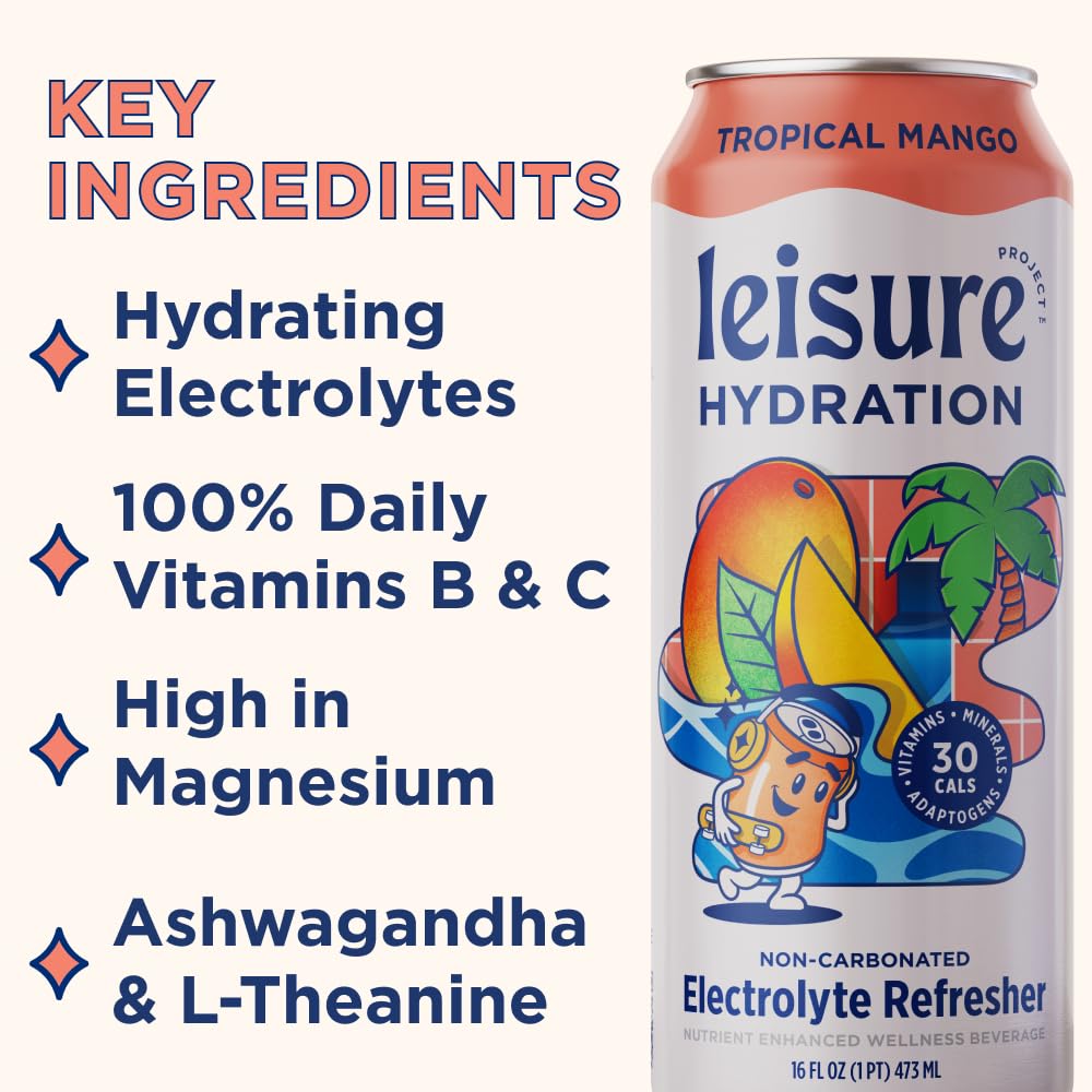 Leisure Hydration Tropical Mango graphic showing electrolytes and adaptogens
