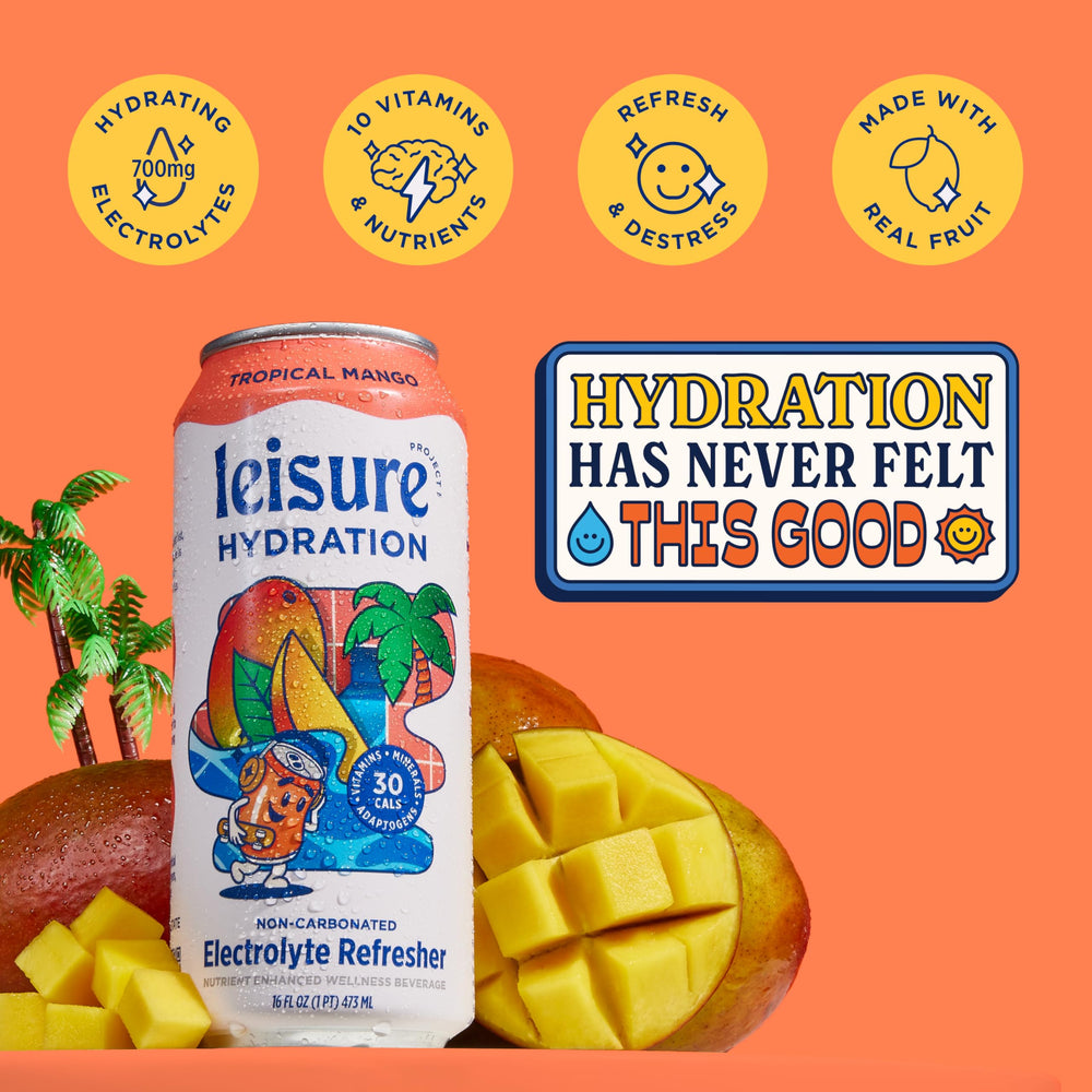 Leisure Hydration Tropical Mango pour into glass for tasting