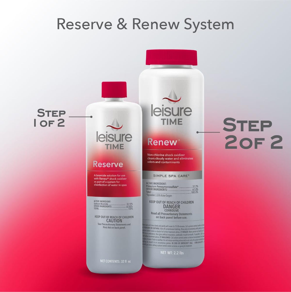 Leisure Time RENU2 Renew bottle beside spa promotes clearer water.