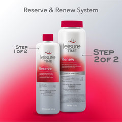 Leisure Time RENU2 Renew bottle beside spa promotes clearer water.