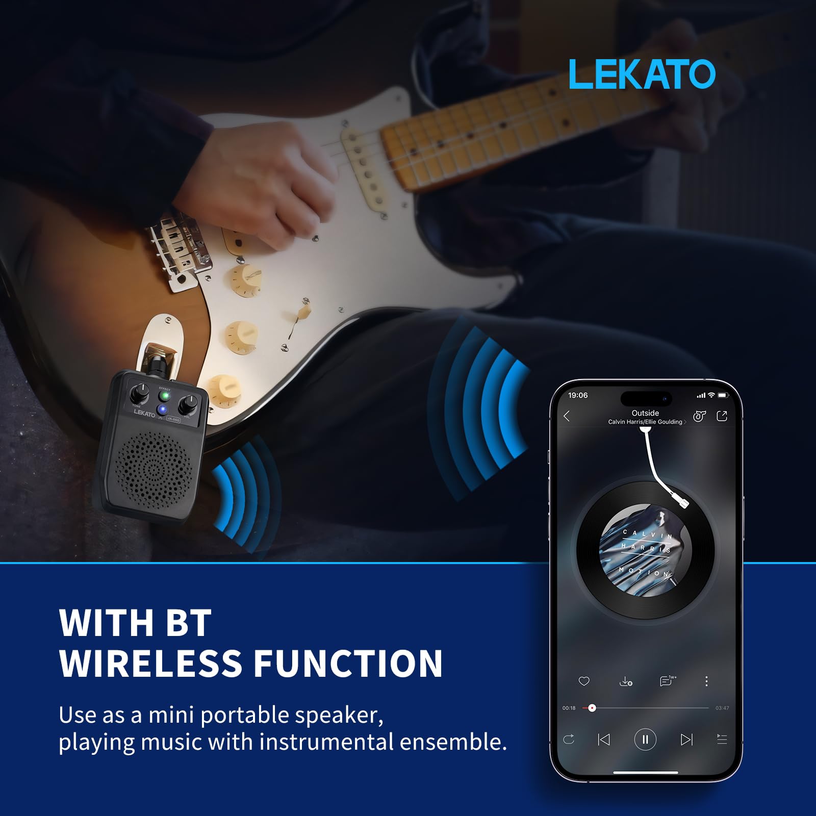 LEKATO mini amp built-in effects control for versatile tones.