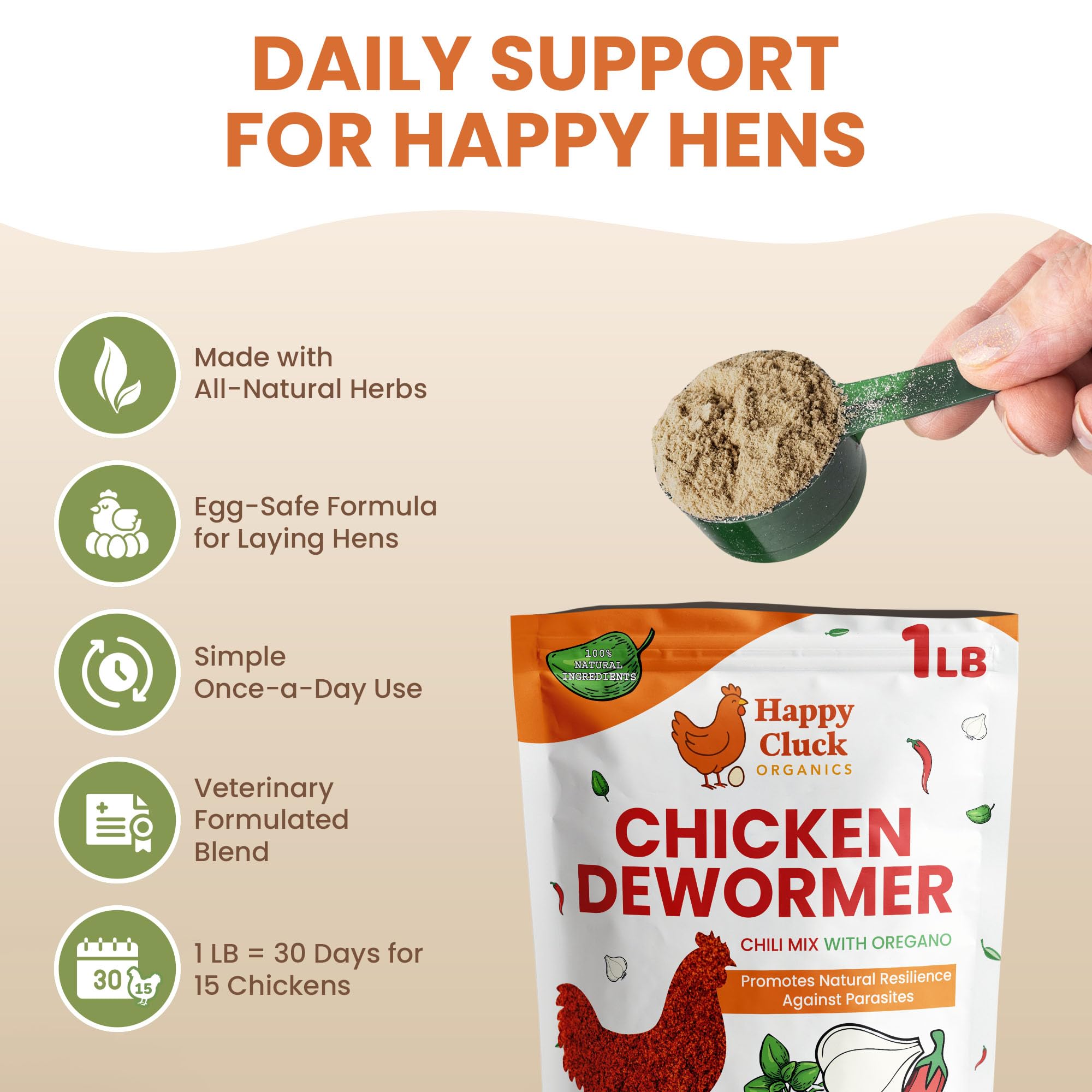Lemant daily-dose scoop with chili mix helps easy, safe daily deworming for chickens.