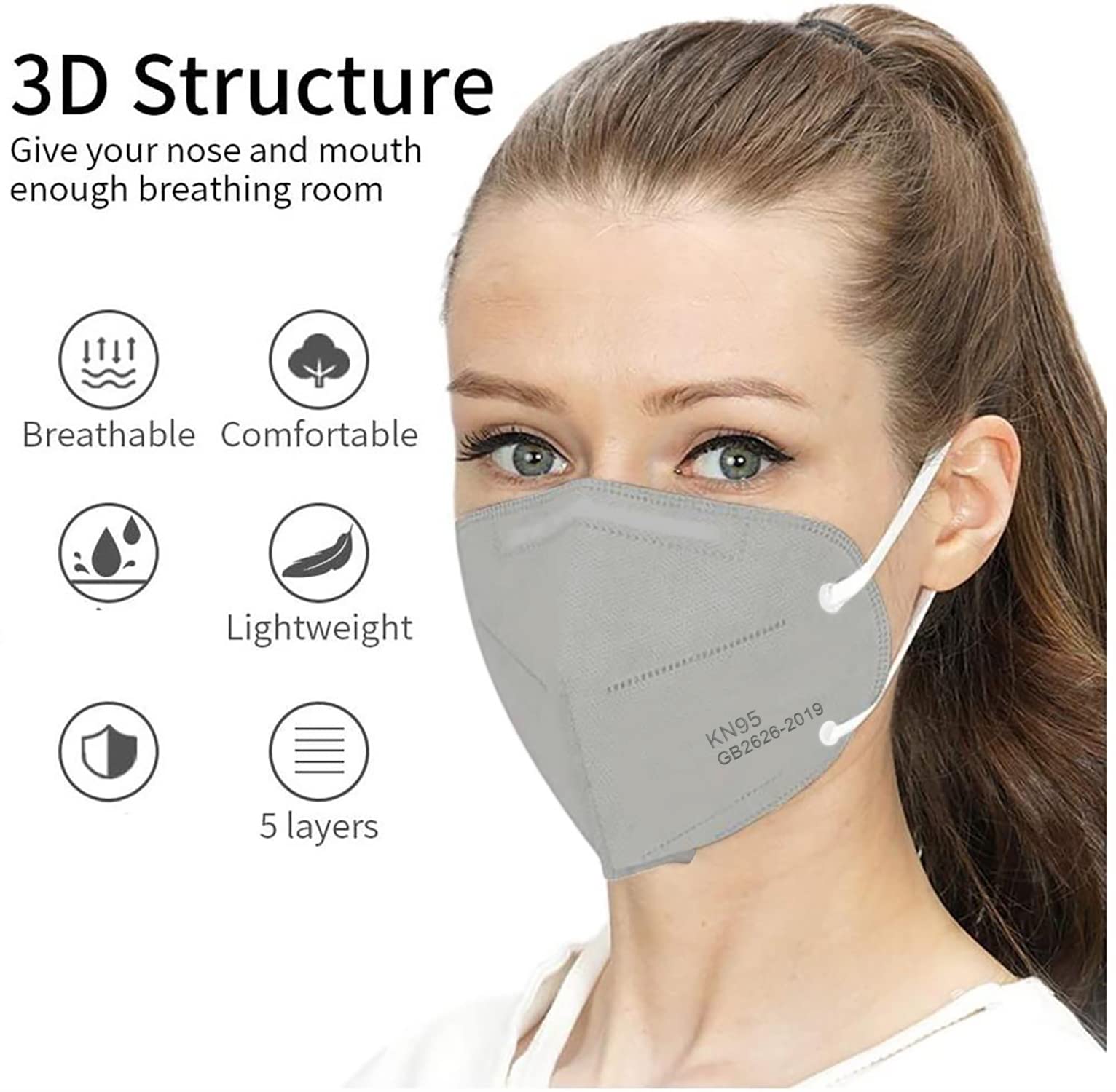 Model wearing LEMENT KN95 mask with soft elastic ear loops